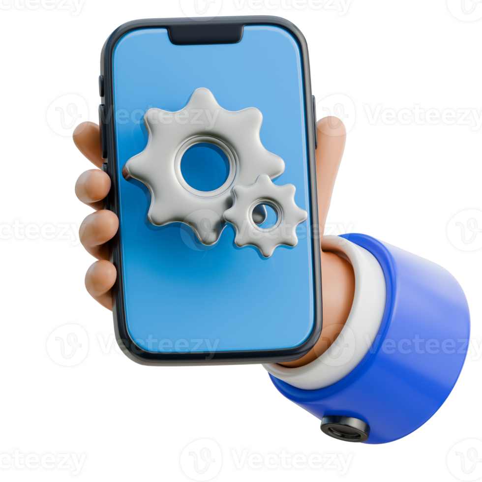 3D Hand Holding Smartphone with a settings gear icon Icon png
