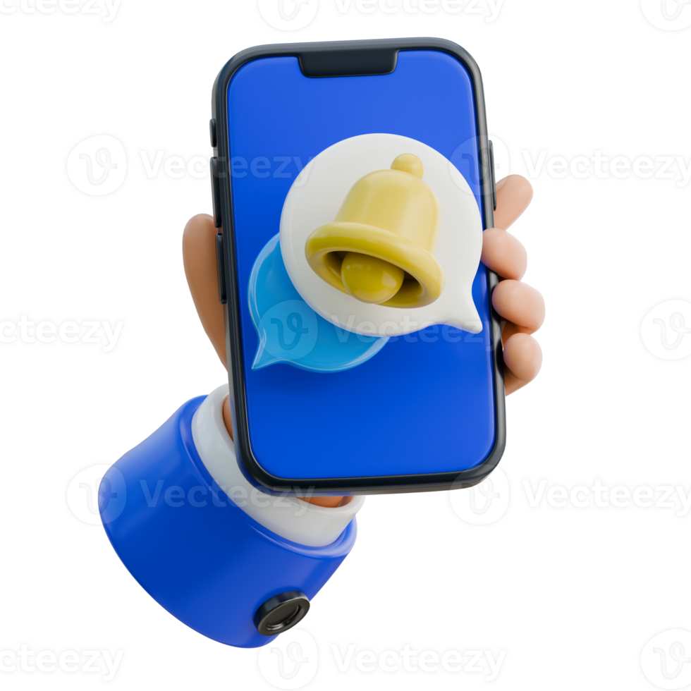 3D Hand Holding Smartphone with Notification Bell Icon png