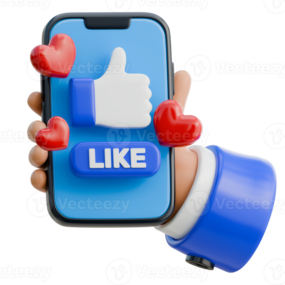 3D Hand Holding Smartphone with Like Button on Screen Icon png