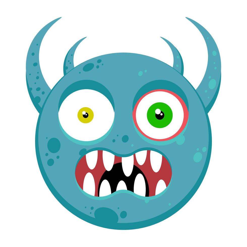 Funny monster face with horns. Cute alien creature expression for Halloween design. vector