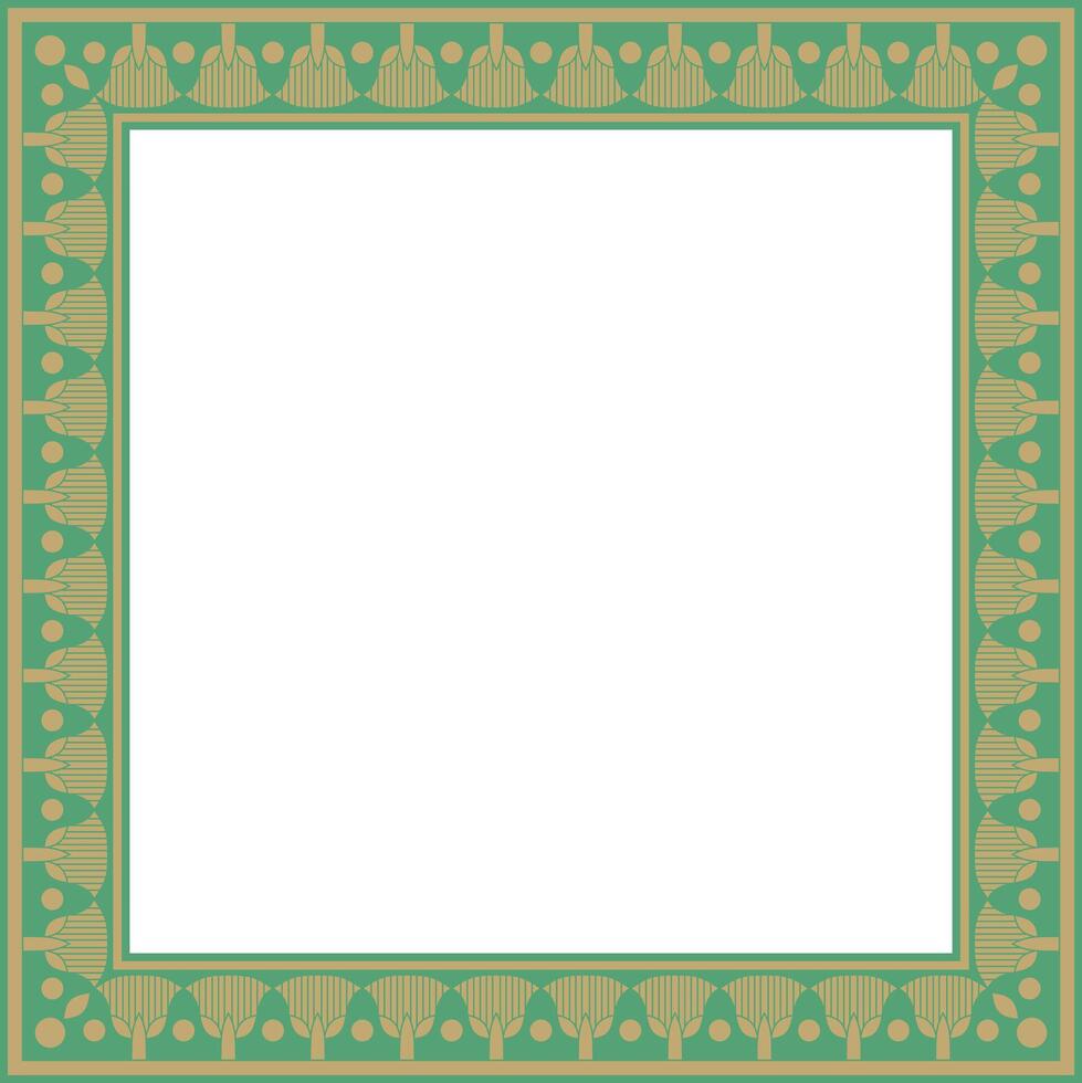 gold with green square Egyptian ornament. Rectangle, frame, ancient Egypt.Pattern of lotus flowers and sun vector