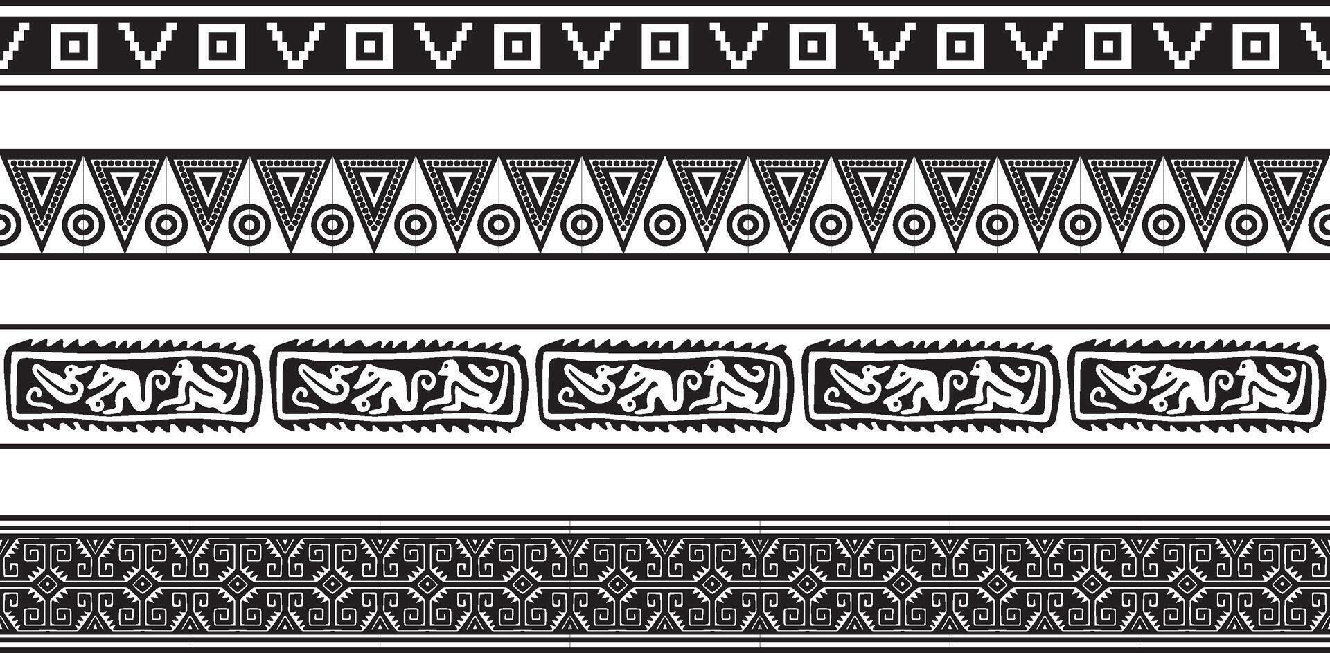 set of seamless monochrome national native american ornaments. Endless ethnic black borders, frames of the peoples of America, Aztec, Maya, Incas. For sandblasting, plotter and laser cutting. vector
