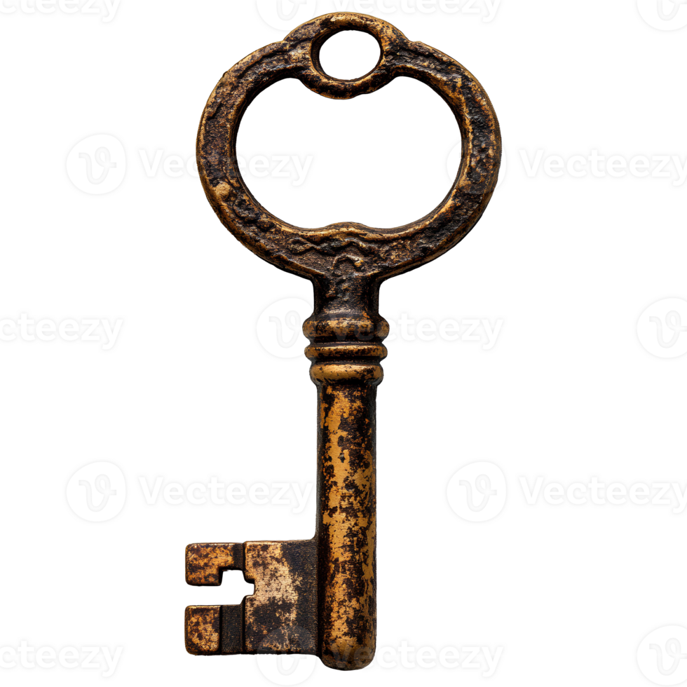 old rusty key . Old antique key with intricate design top view . antique key with rustic metallic finish flat lay isolated png