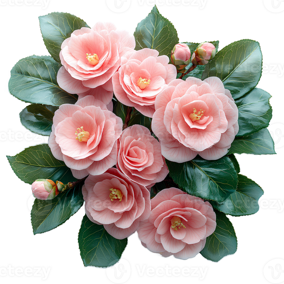 pink camellia flower . bouquet of pink roses top view . pink flower bouquet flat lay isolated. winter flowers freshly picked from garden isolated png
