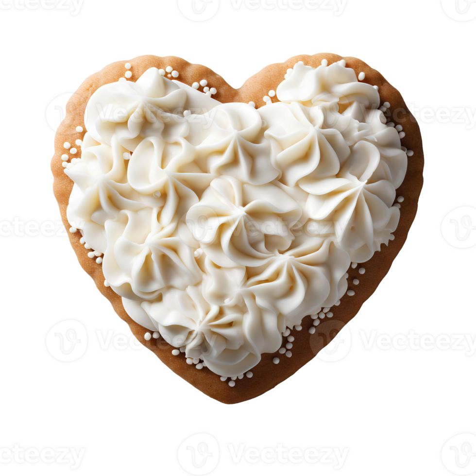 heart shaped cookie with white frosting on top . Heart shaped sugar cookie for Valentine's Day top view . Valentine day biscuit flat lay isolated png