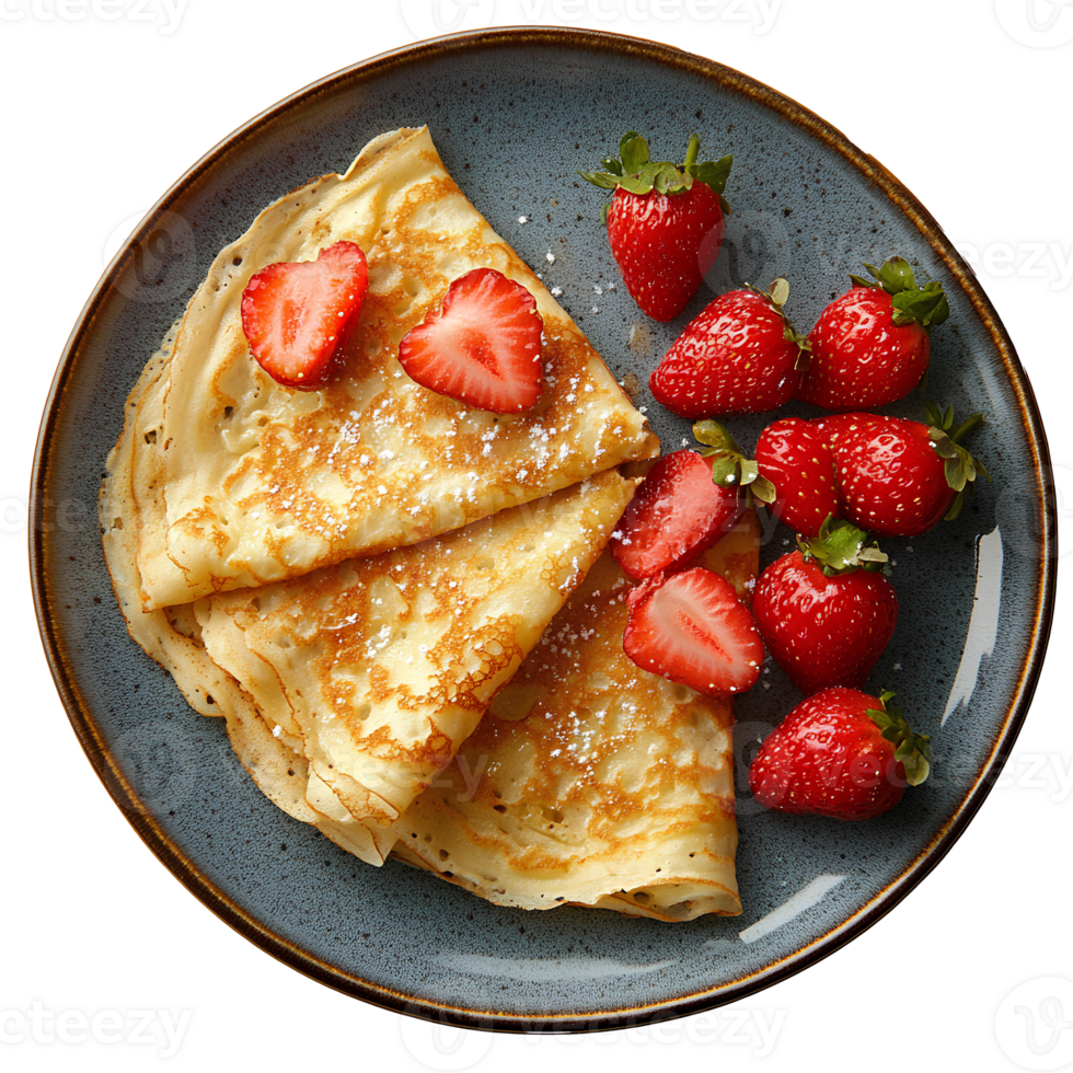 Strawberry crepes on plate top view . Pancakes with strawberry jam flat lay . Strawberry dessert full of strawberries isolated. Strawberry crepe . Strawberry pancake png