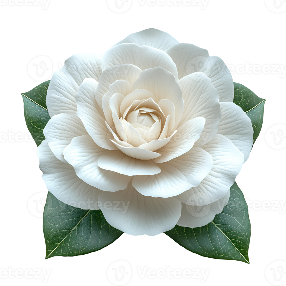 White camellia flower top view , flat lay design, isolated on transparent background. Elegant camellia flower with green leaves png