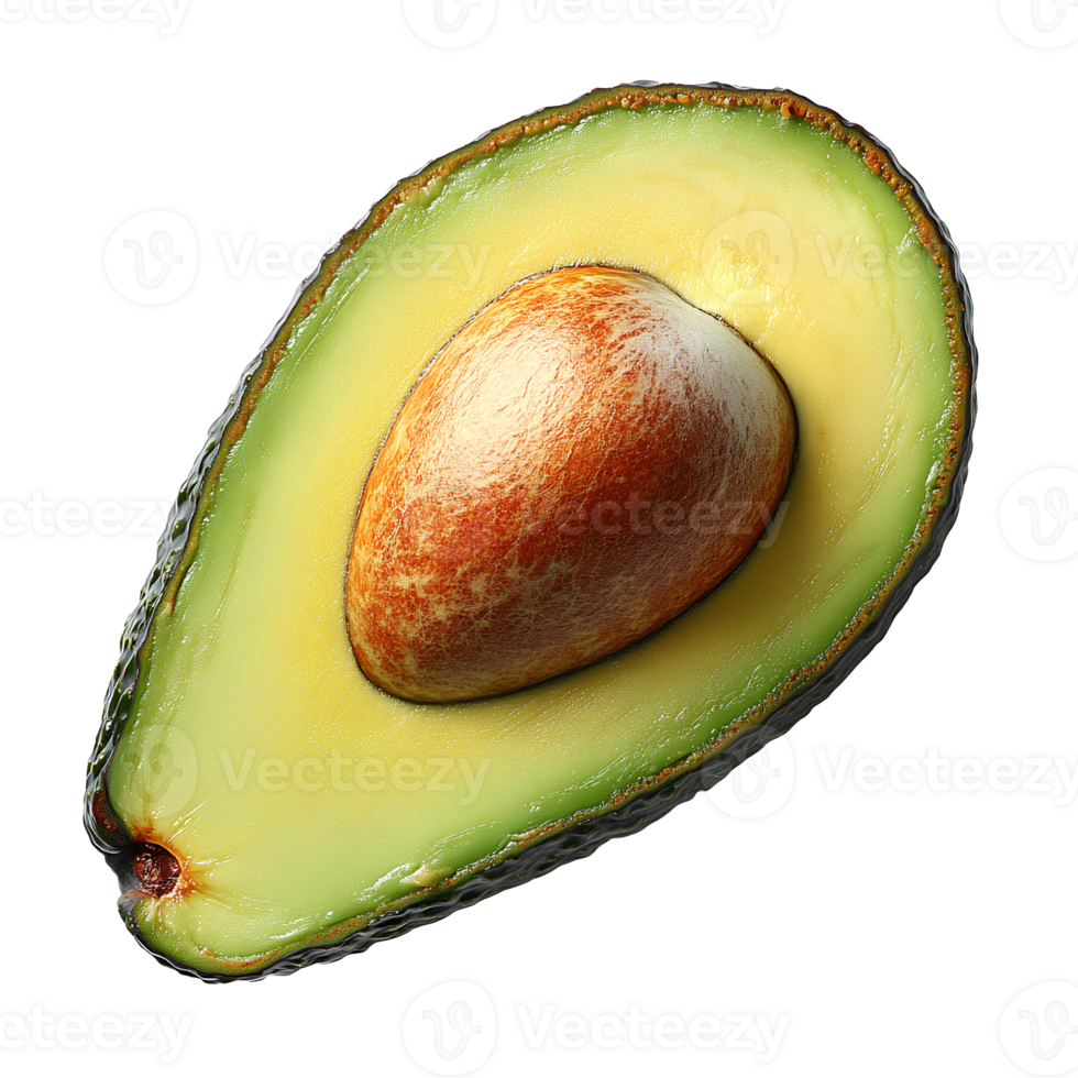 Avocado slice , top view, flat lay design, isolated on transparent background. Fresh green avocado slice with seed, showcasing creamy texture and vibrant color. Perfect for healthy food preparation png