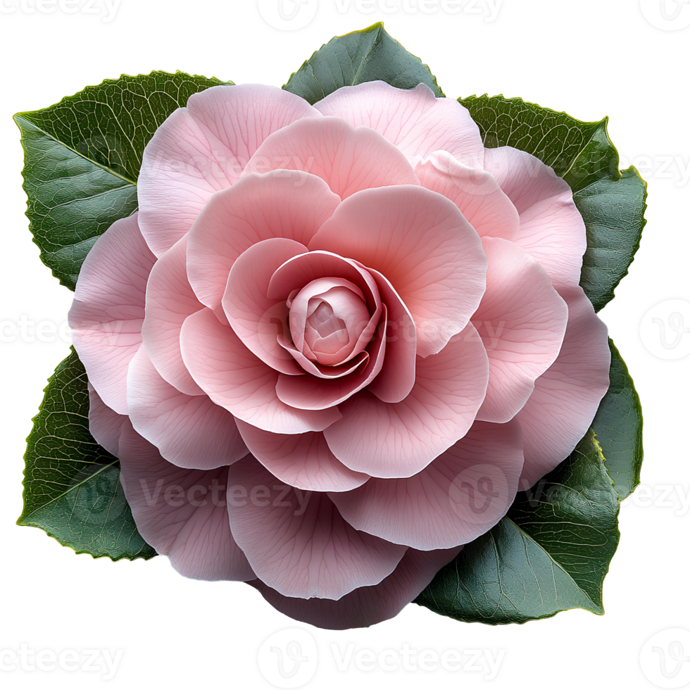 Pink camellia flower top view , flat lay design, isolated on transparent background. Elegant camellia flower with green leaves png