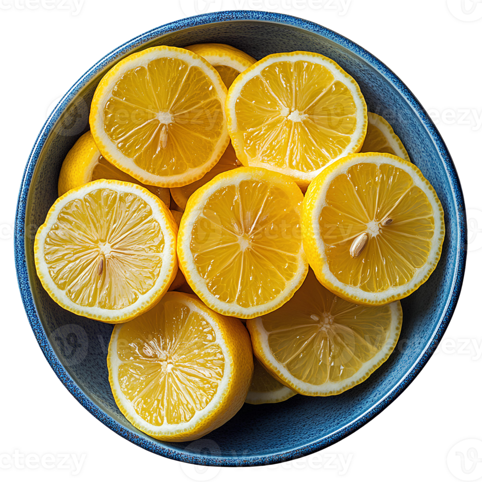 lemon fruit bowl set . lemon citrus fruit top view isolated. bowl full of lemon slices flat lay . organic and healthy lemons . vegan vegetarian food lemons isolated png