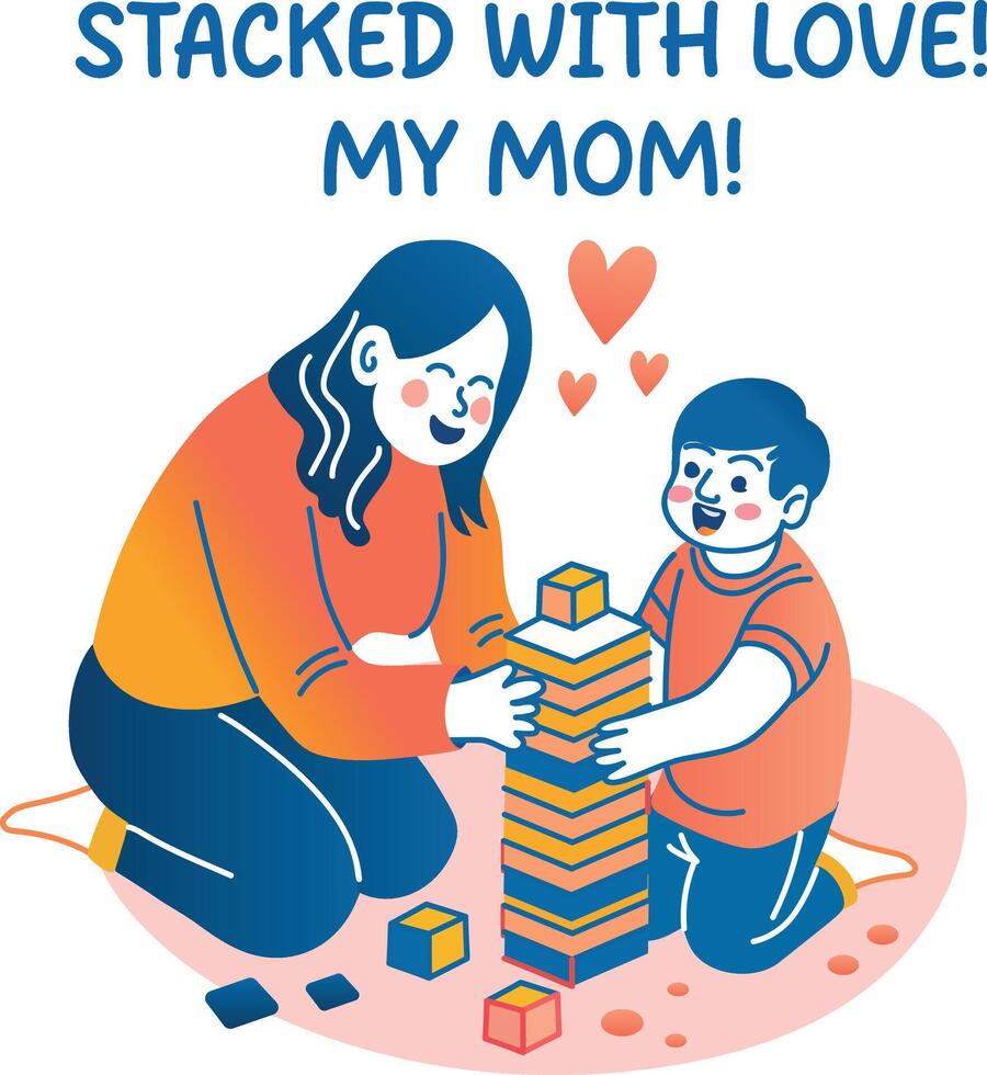 A flat sticker of a kid playing stack game with his mom vector