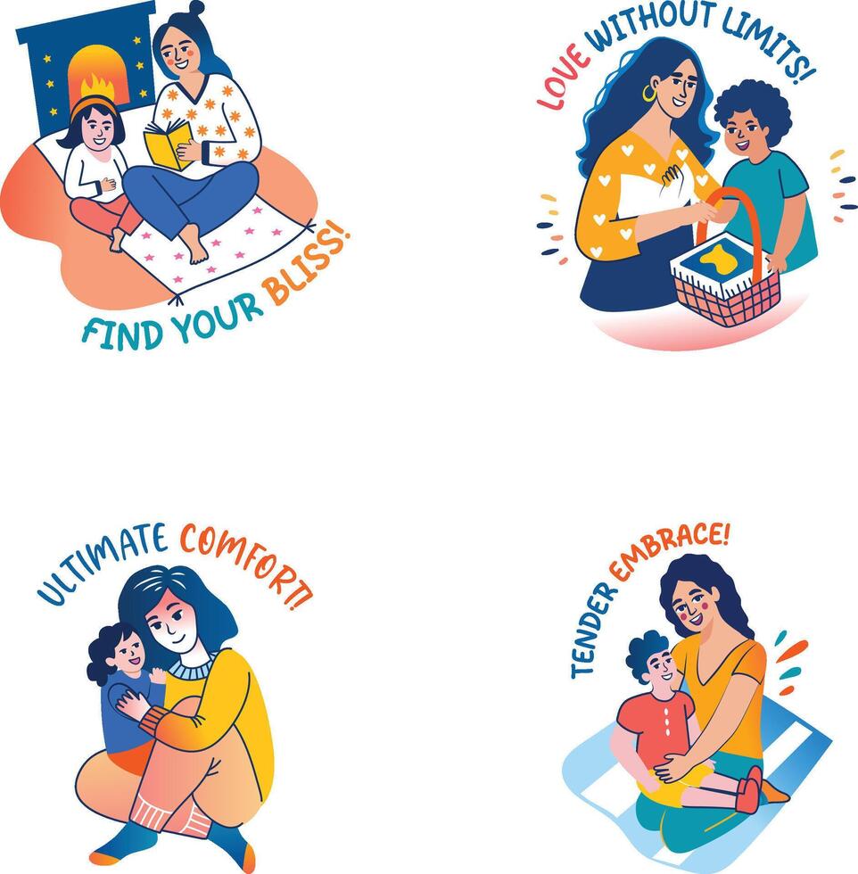 Pack of Mother Bonding Flat Style Stickers cozy, firepit, love, family, comfort, hugging, cuddling, parenting, motherhood, typography, mother, stickers vector