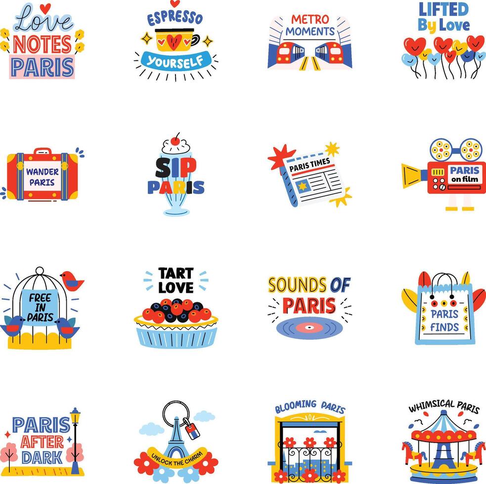 Set of 16 Flat Style Paris Stickers vector