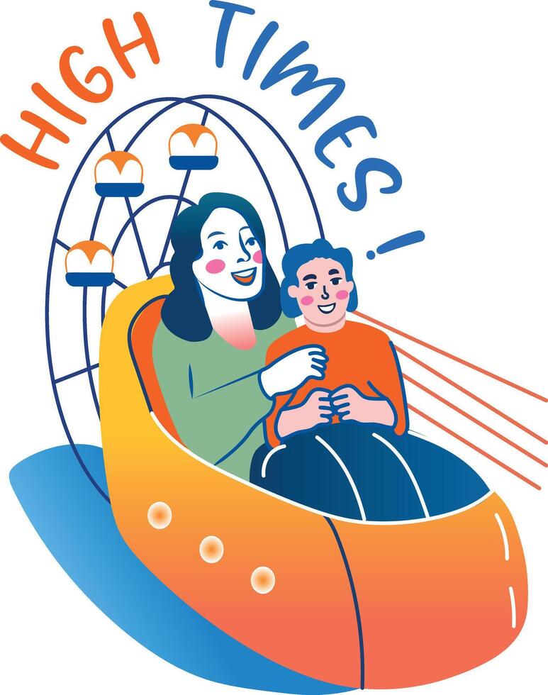 A flat sticker of mom and child having fun with high times typography vector