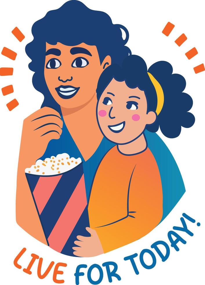 A flat sticker of mother and child eating popcorn together vector