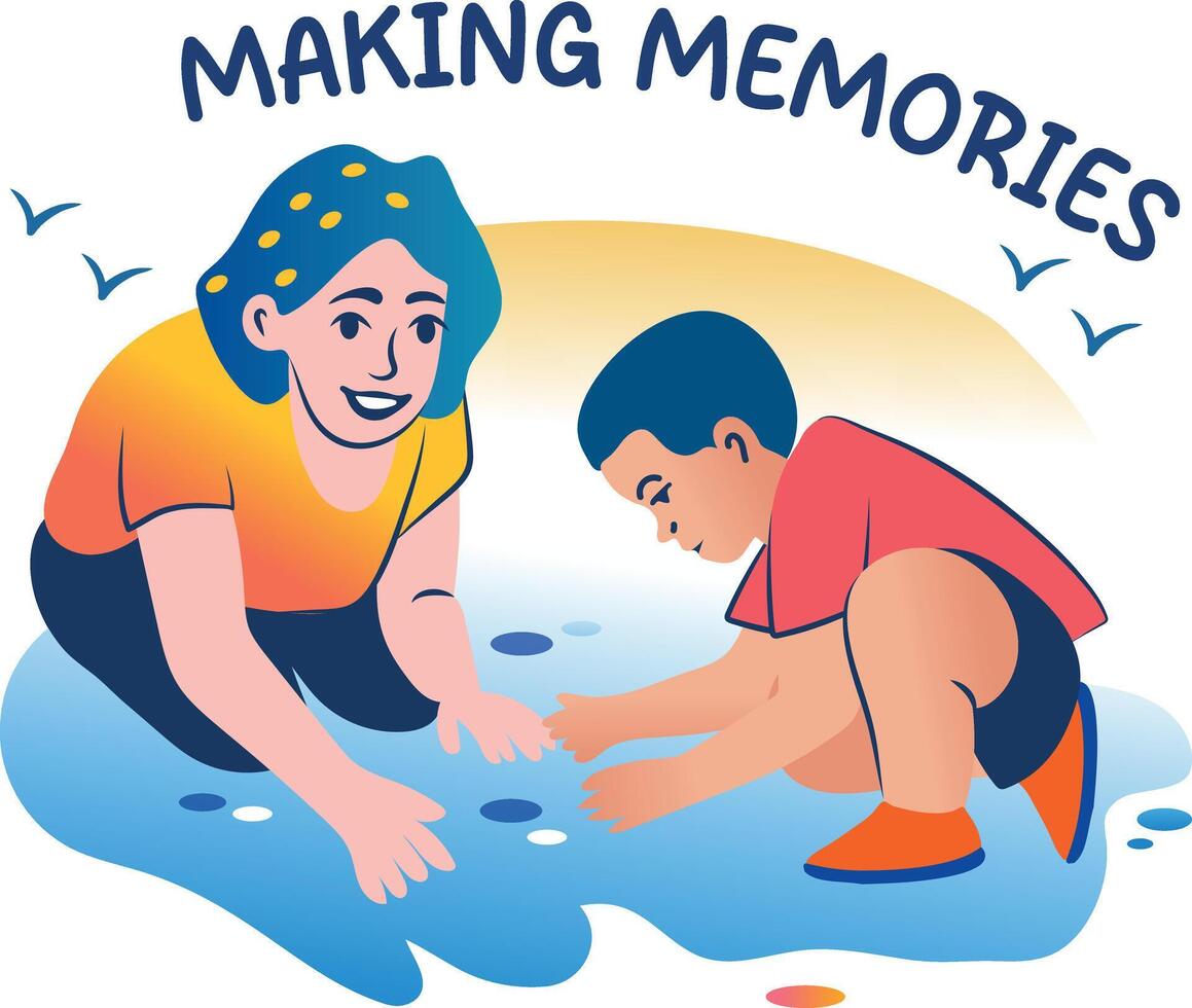 A flat sticker of a child and mom with making memories together vector