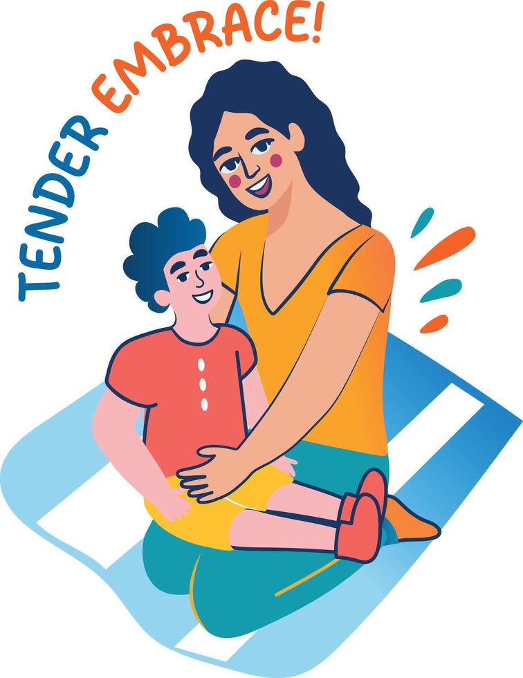 A flat sticker of a mother and child with tender embrace typography vector