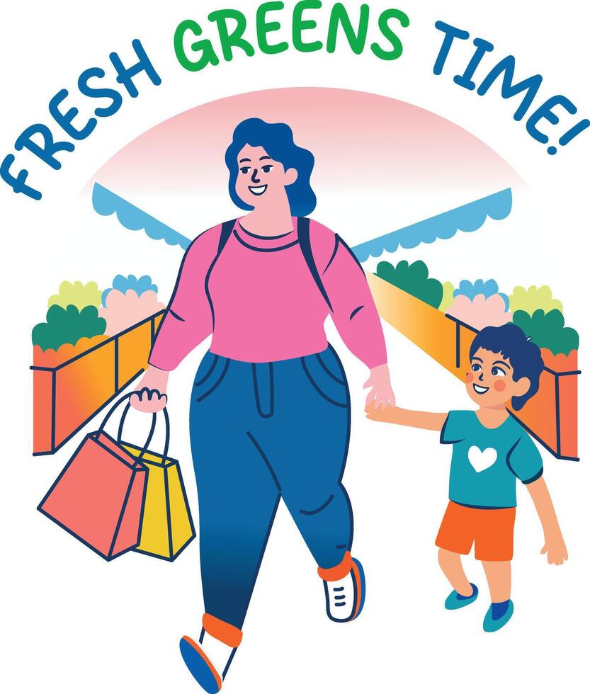 A flat sticker of a mother and child going for grocery shopping vector