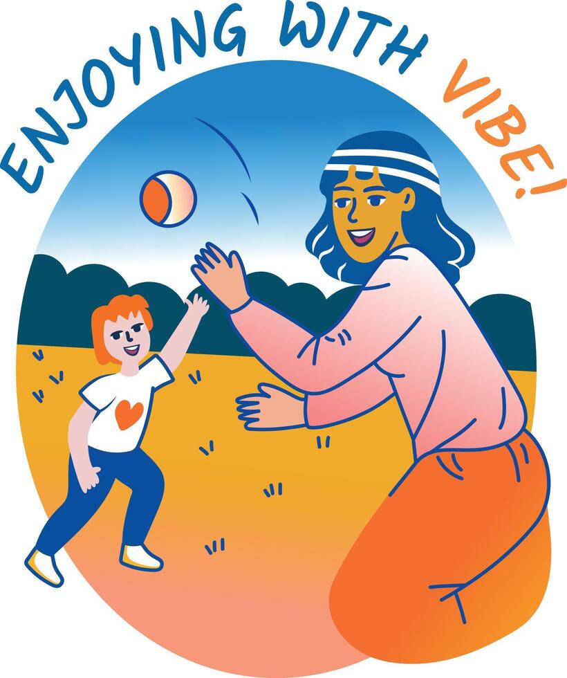 A flat sticker of mother and child playing together vector