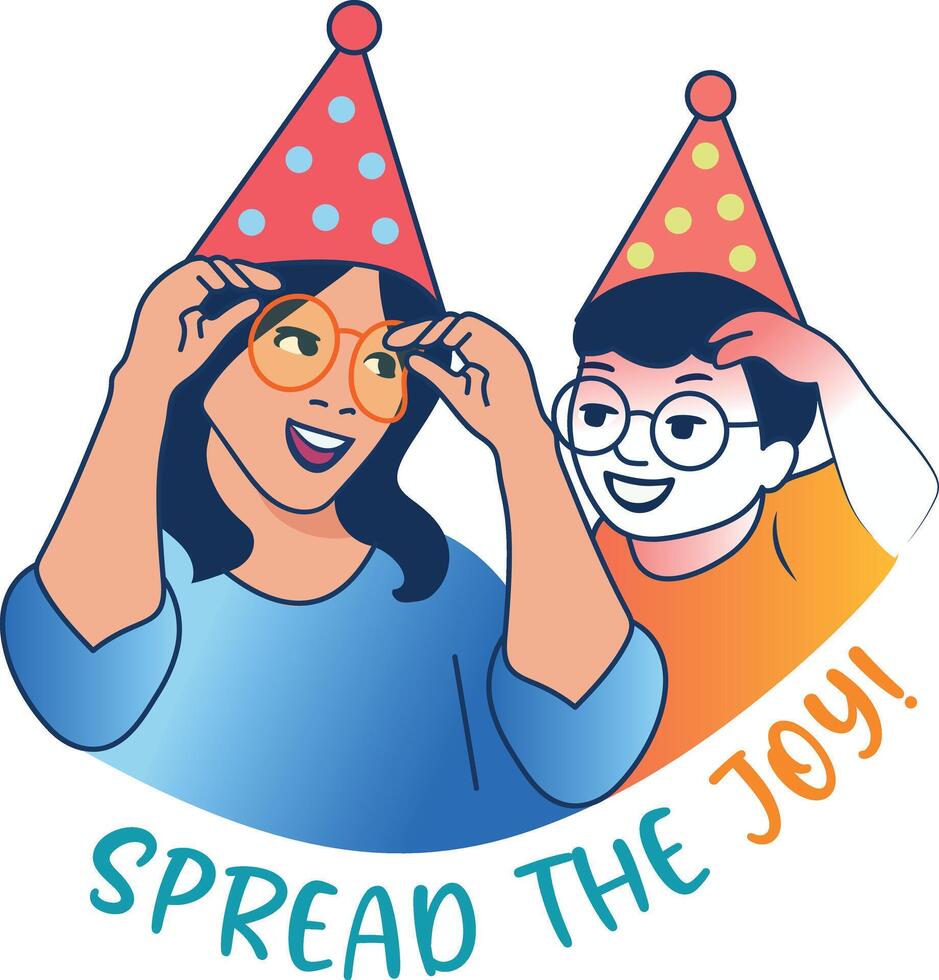 A flat ticker of a mother and child wearing party caps with spread joy typography vector