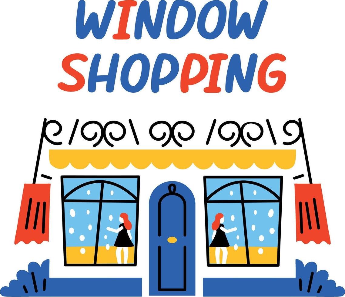 Storefront with window shopping text, flat sticker vector