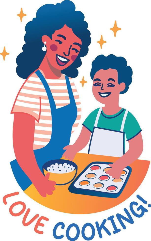 A flat sticker of a mother and child with love cooking typography vector