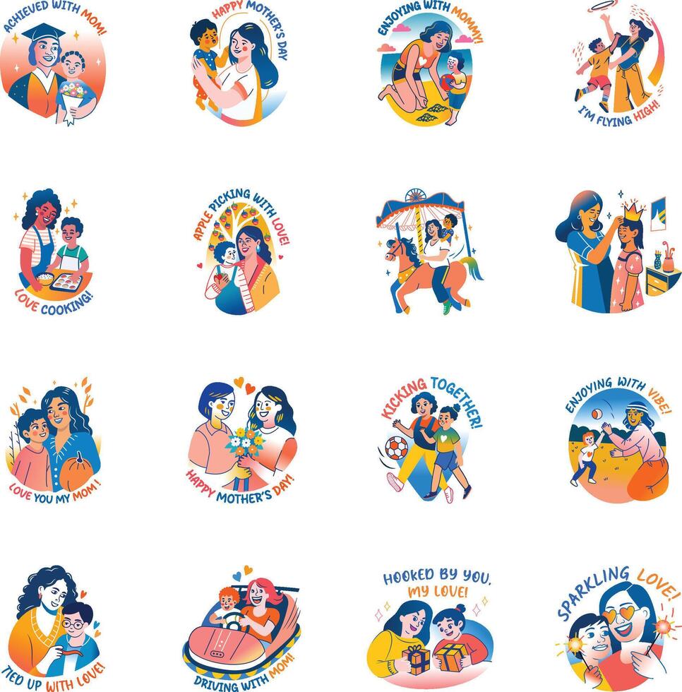 .Set of Flat Style Mom and Child Stickers vector