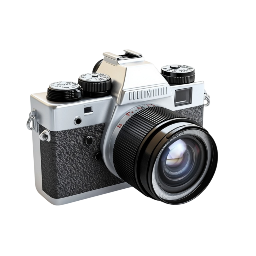 A silver camera with a lens on it transparent background. png