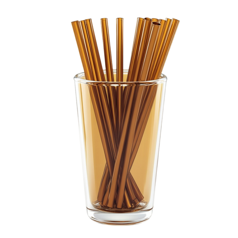 A glass filled with straws and brown transparent background. png