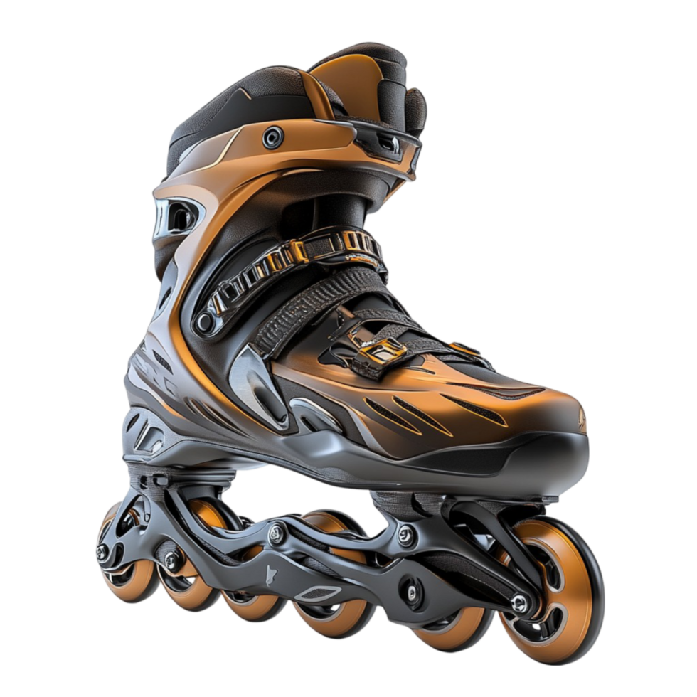 An orange and black inline skate on a transparent background. png