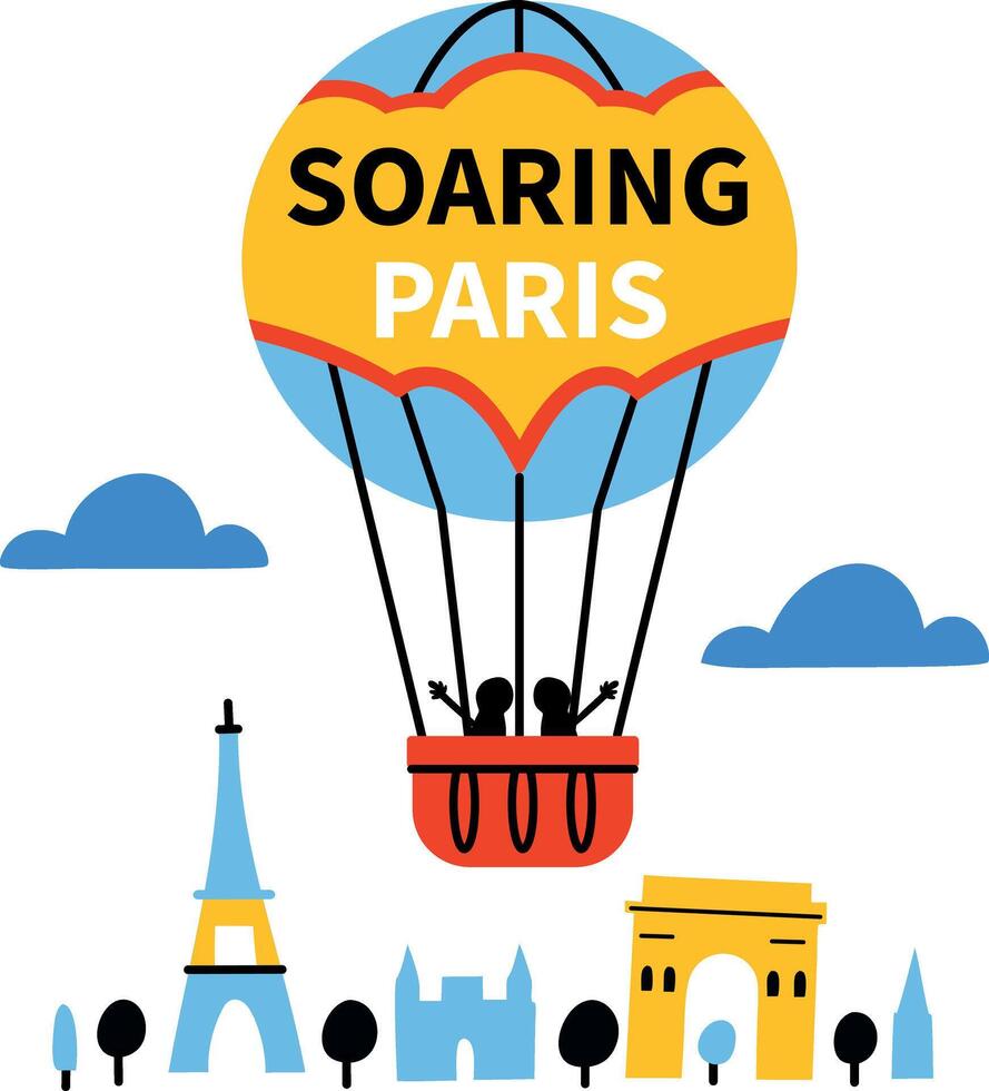 Hot air balloon with spearing paris text, flat sticker vector