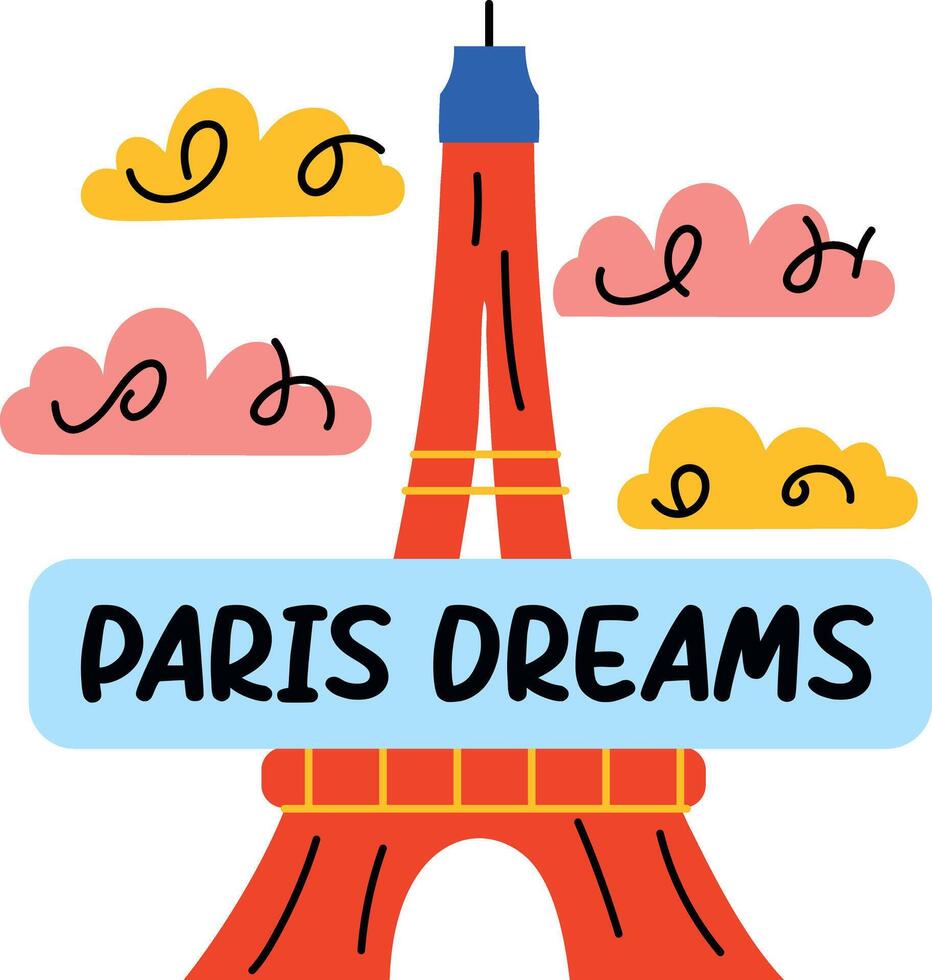 Eiffel Tower with paris dreams text, flat sticker vector