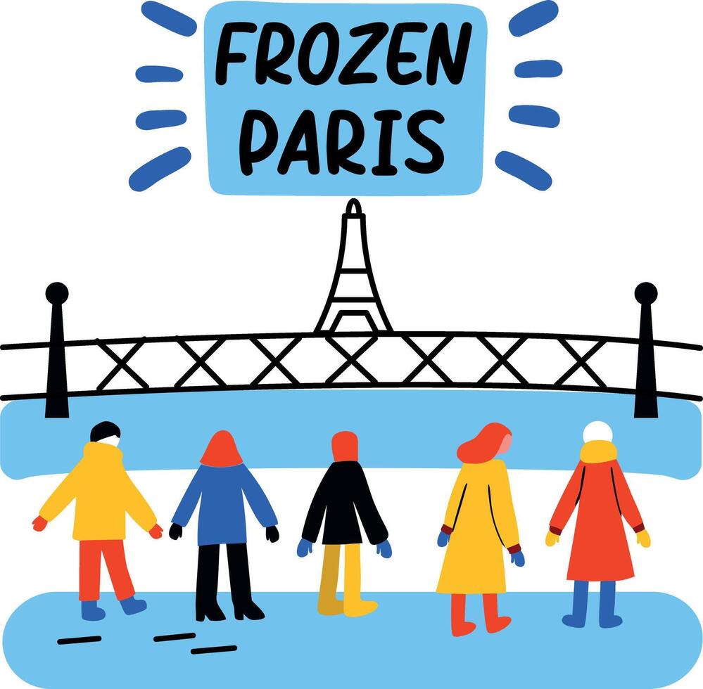 People visiting eiffel tower with frozen paris text, flat sticker vector