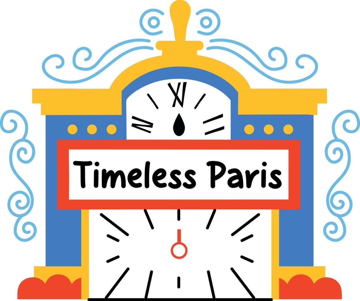 Clock tower with timeless paris text, flat sticker vector