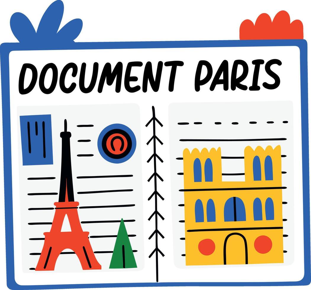 Travel journal with document paris text, flat sticker vector