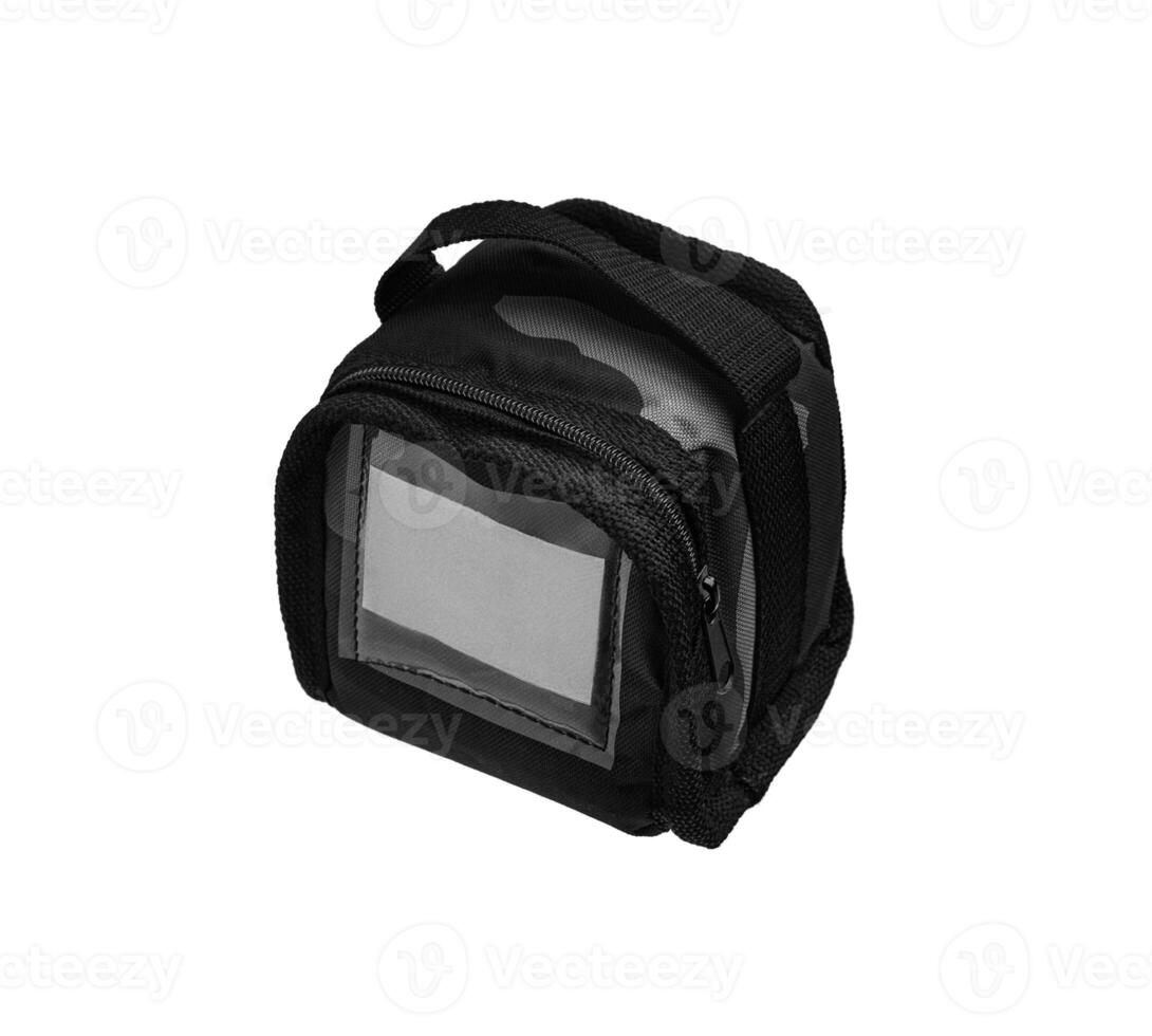 A small camouflage-patterned bag with a transparent front pocket, black zipper, and carrying handle, isolated on a white back photo