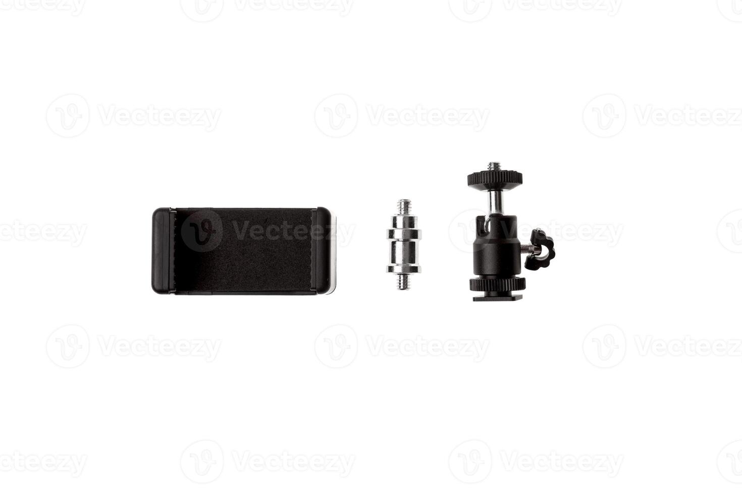 A smartphone holder with a tripod adapter and a ball head mount, useful for photography and videography setups, isolated on a white back photo