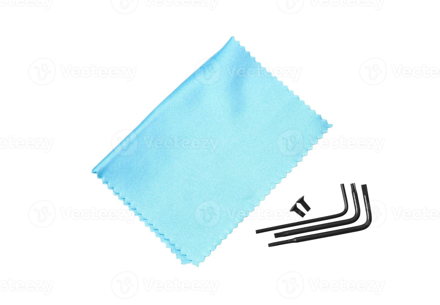 Blue microfiber cleaning cloth and three black hex keys with a small screw, isolated on white background. photo