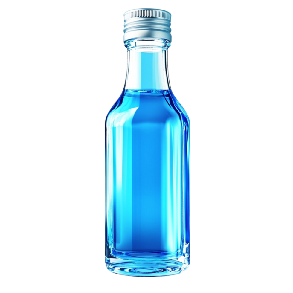 A blue liquid bottle with a silver cap png