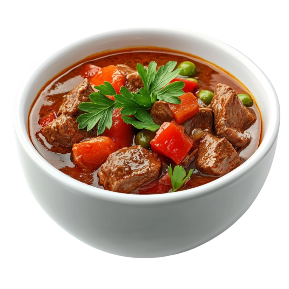 A bowl of beef stew with vegetables and parsley png