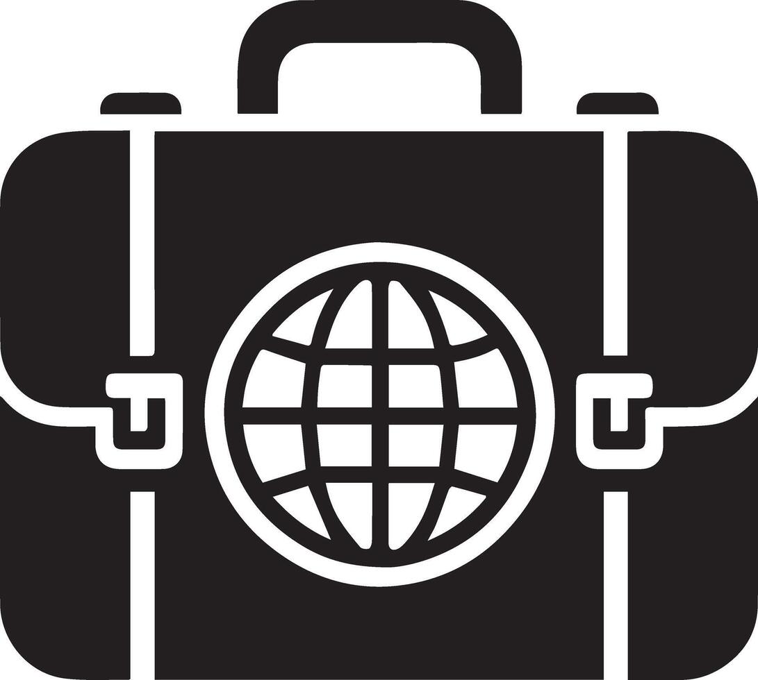 A black and white suitcase with a globe inside vector