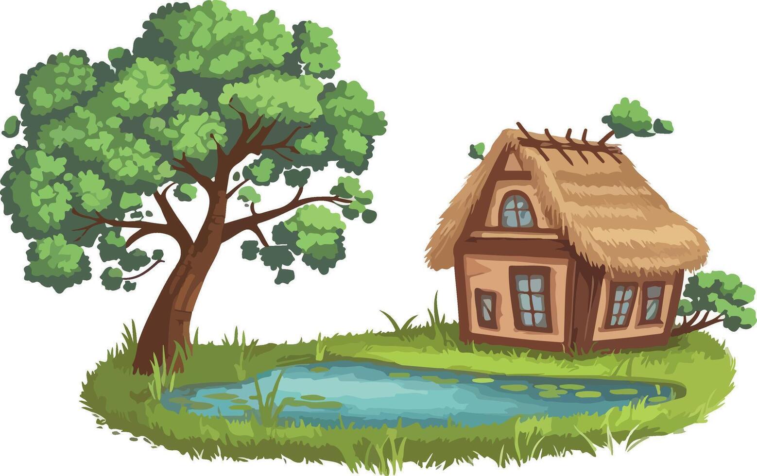 A small house with a pond and tree vector