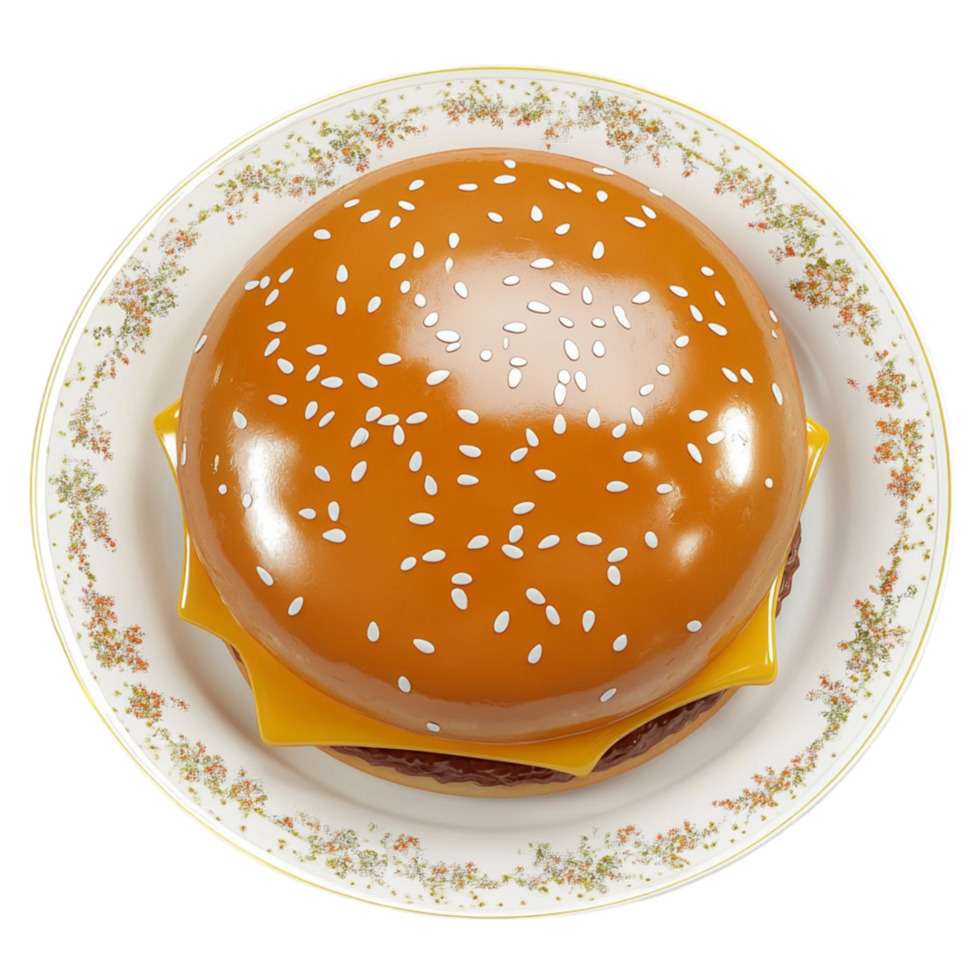 a hamburger on a plate with a flower pattern Transparent Background. png