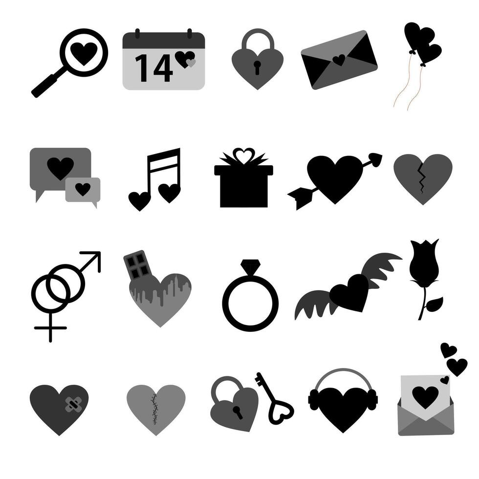 Valentine's day icon set isolated on white background. Including sweet chocolate , calendar, heart, broken heart, ring, flower, letter, gift, padlock. Valentine icon with black and white color vector