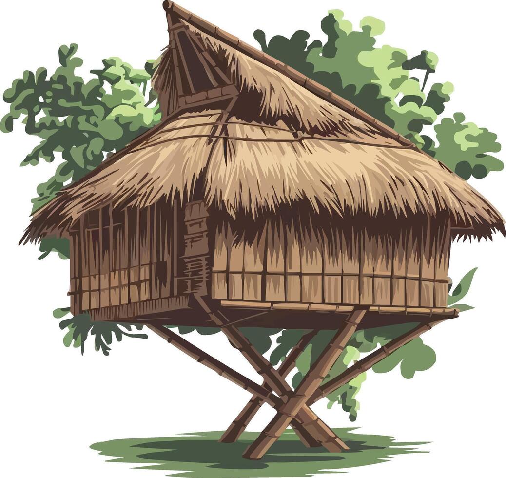 A thatched house with a tree on top vector