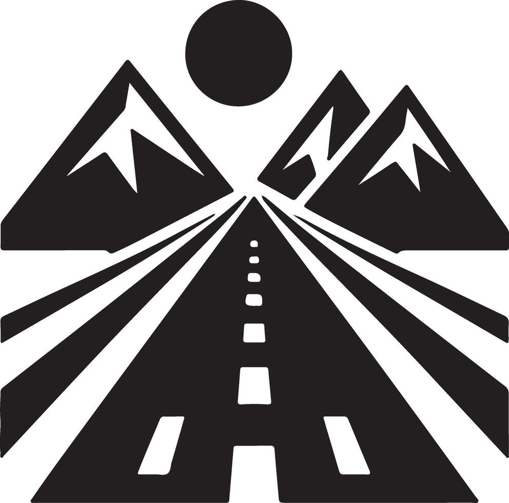 A black and white image of a road with mountains in the background vector