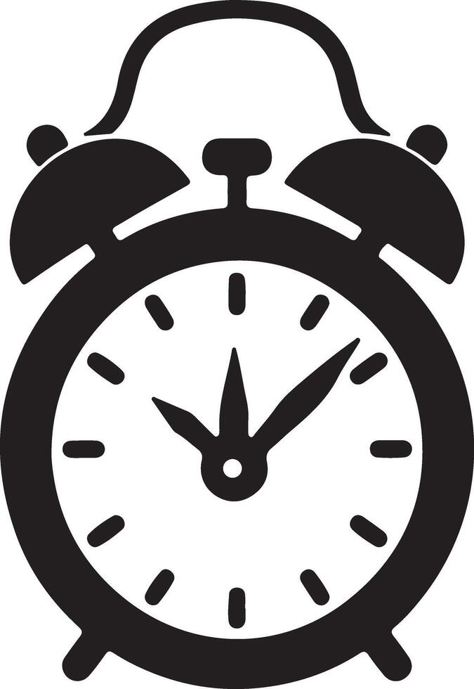 An alarm clock is shown in black and white vector