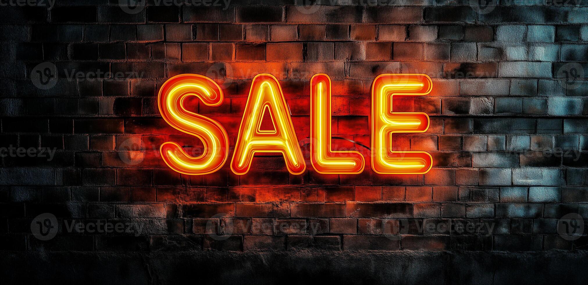 A neon sign with the word SALE in bright orange letters is mounted on a brick wall, creating a vibrant and eye-catching. photo