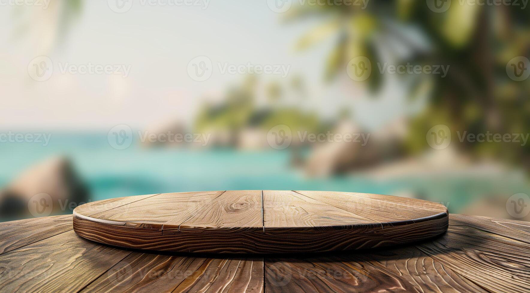 A wooden table with a round wooden surface, with a blurred background of a tropical beach with palm trees and turquoise water photo