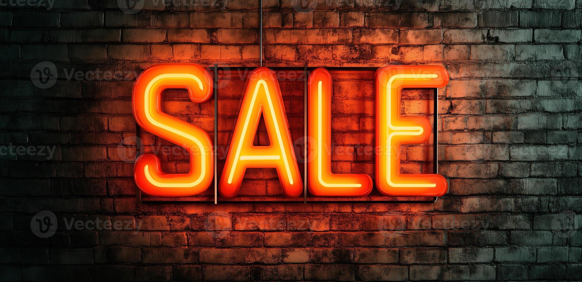 A neon sign with the word SALE in bright orange letters is mounted on a brick wall, creating a vibrant and eye-catching. photo